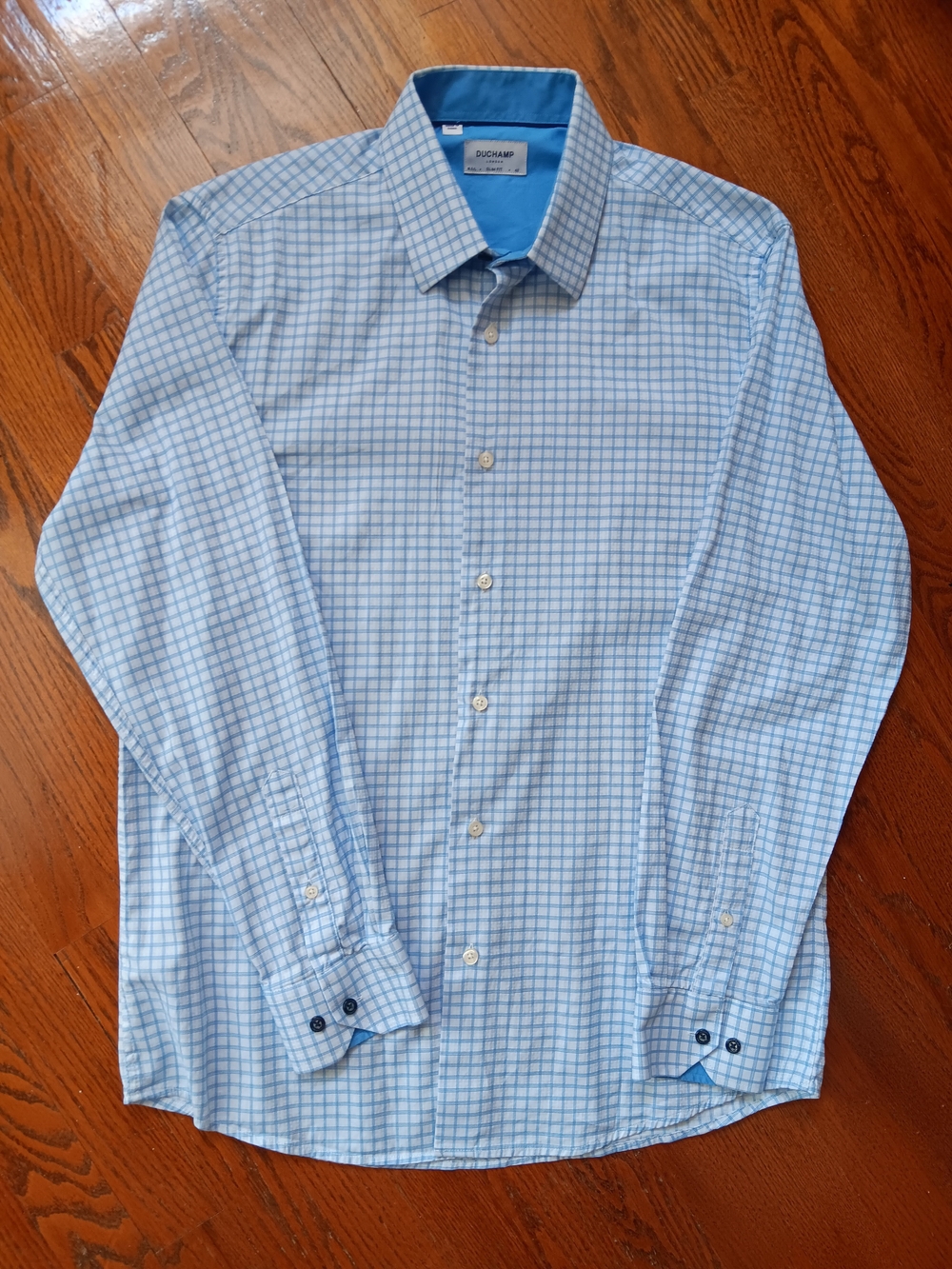 Duchamp London Mens Slim Fit Button Front Shirt Blue White Check Plaid Size 42
